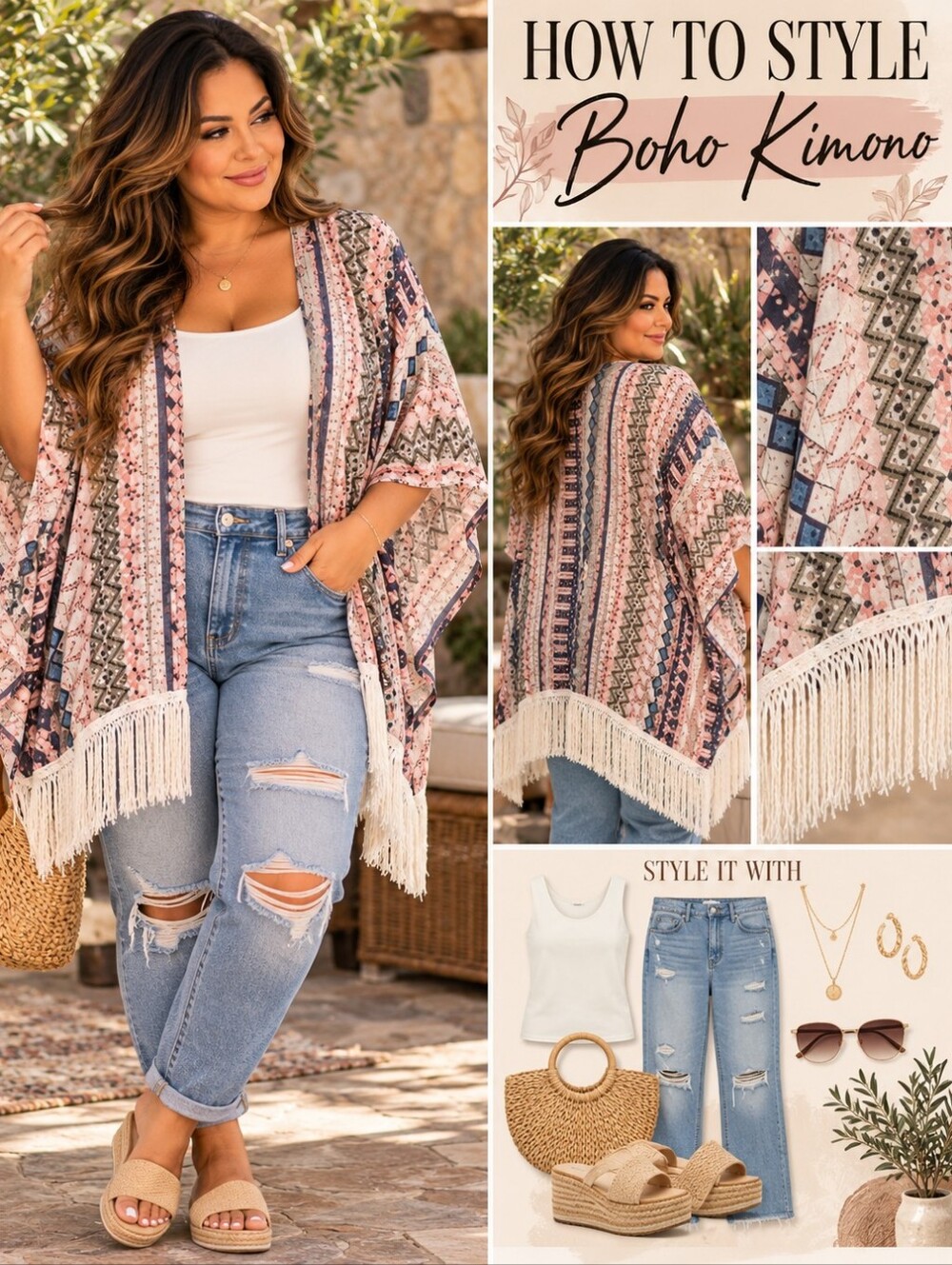 Women’s Pink Boho Fringe Kimono Cardigan Geometric One Size
